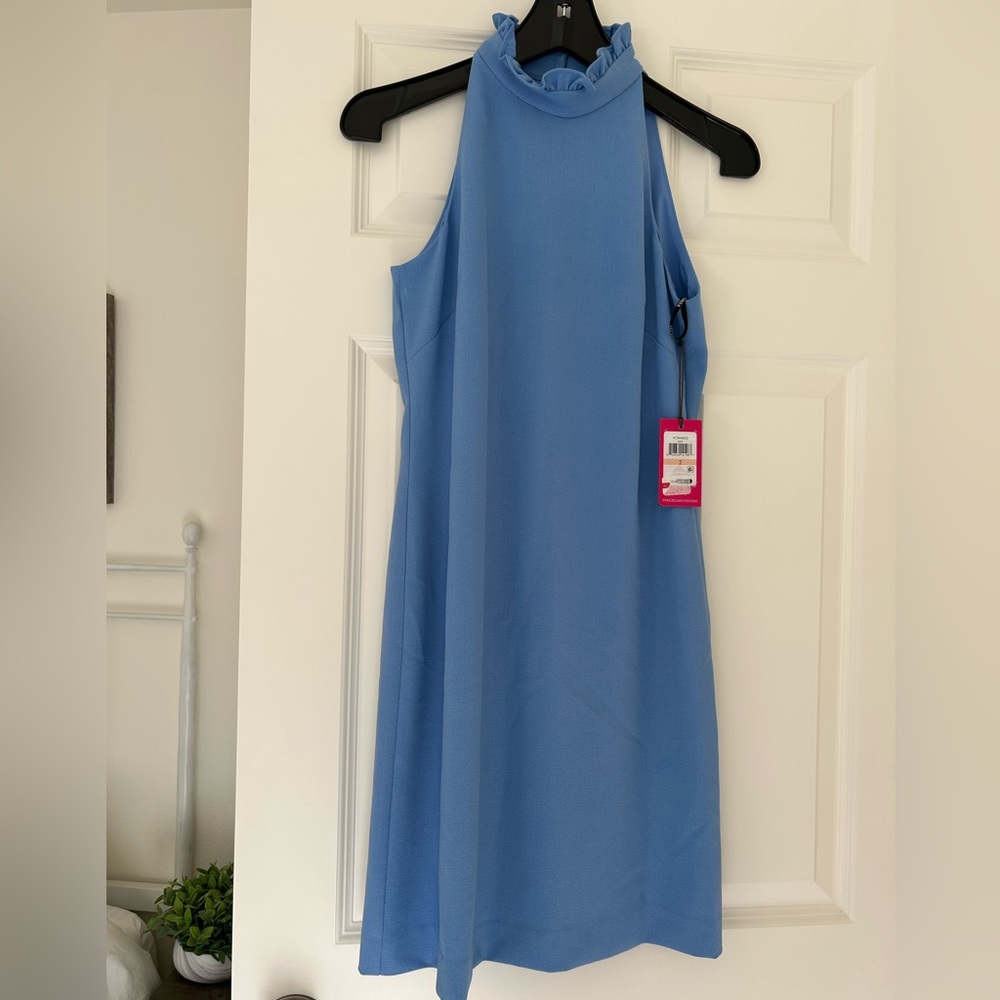 Vince Camuto Women's Blue Knee-Length Ruffle Neck Halter Dress, Size: 4,